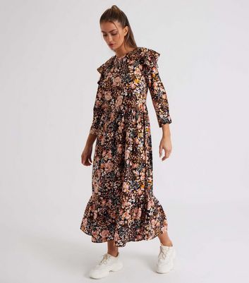 Urban Bliss Black Floral Print Ruffle Midi Smock Dress | New Look