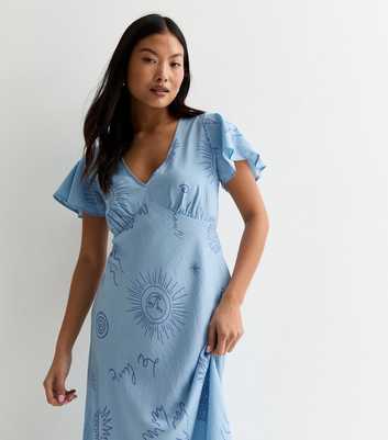 Petite Blue Abstract Print Flutter Sleeve Midi Dress