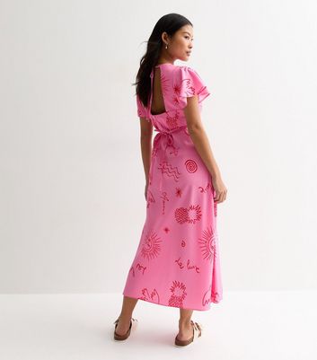 Petite Pink Abstract Print Flutter Sleeve Midi Dress New Look