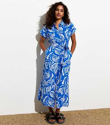 Petite Blue Paisley Print Shirt Midi Dress