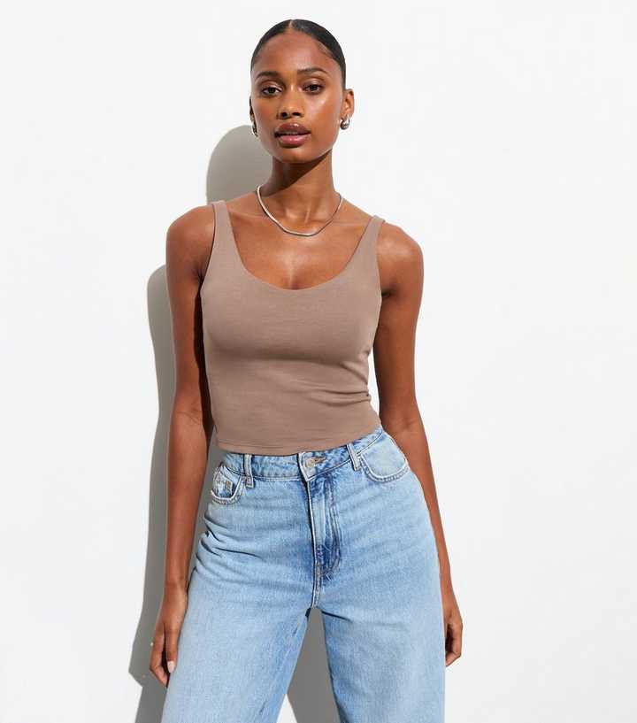 Brown Scoop-Neck Crop Vest Top