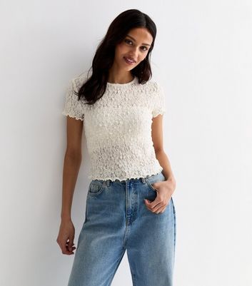 Off White Lace Crew Neck Frill Hem Top New Look