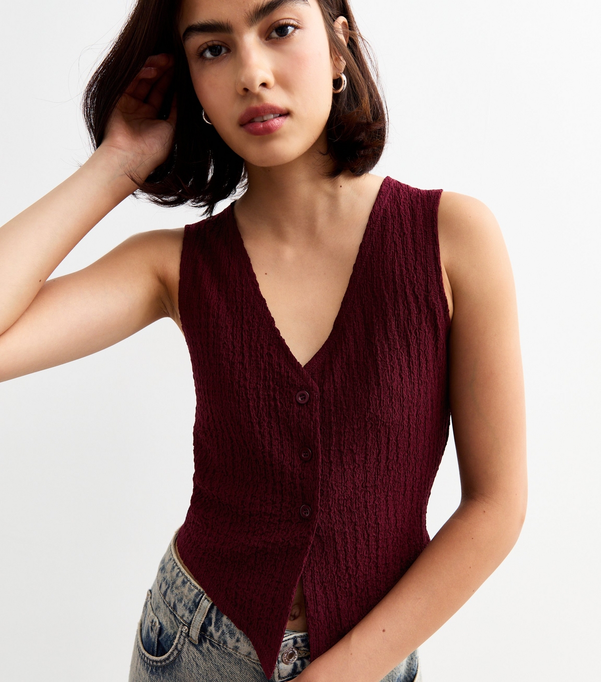 Women's Burgundy Jersey Button Down Vest New Look