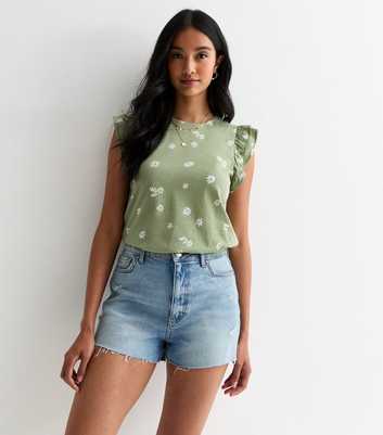 Green Floral-Print Frill-Trim T-Shirt