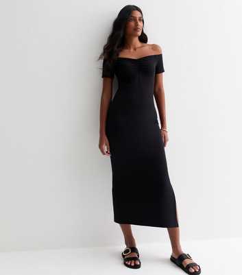 Black Jersey Ruched Bardot Midi Dress