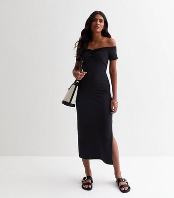 Black Jersey Ruched Bardot Midi Dress New Look
