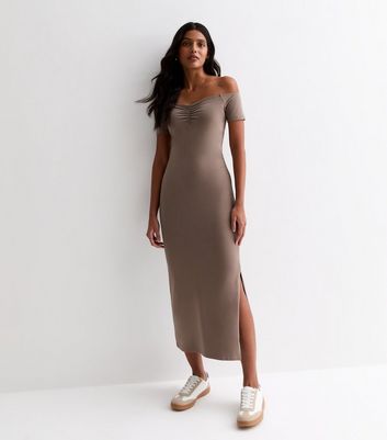 Mink Jersey Ruched Bardot Midi Dress New Look