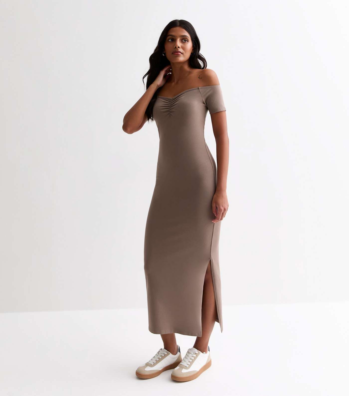 Mink Jersey Ruched Bardot Midi Dress Image 3