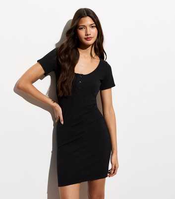 Black Ribbed Stretch Cotton Mini Dress
