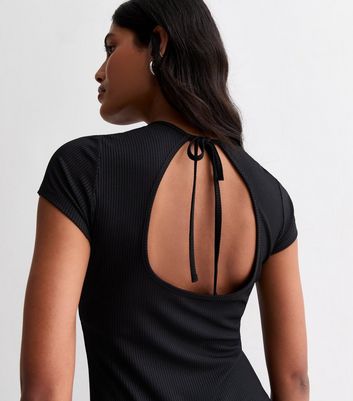 Black Open Tie Back Ribbed Mini Dress | New Look