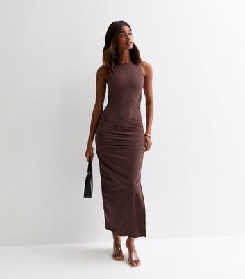 Brown Ruched Sleeveless Midi Dress New Look
