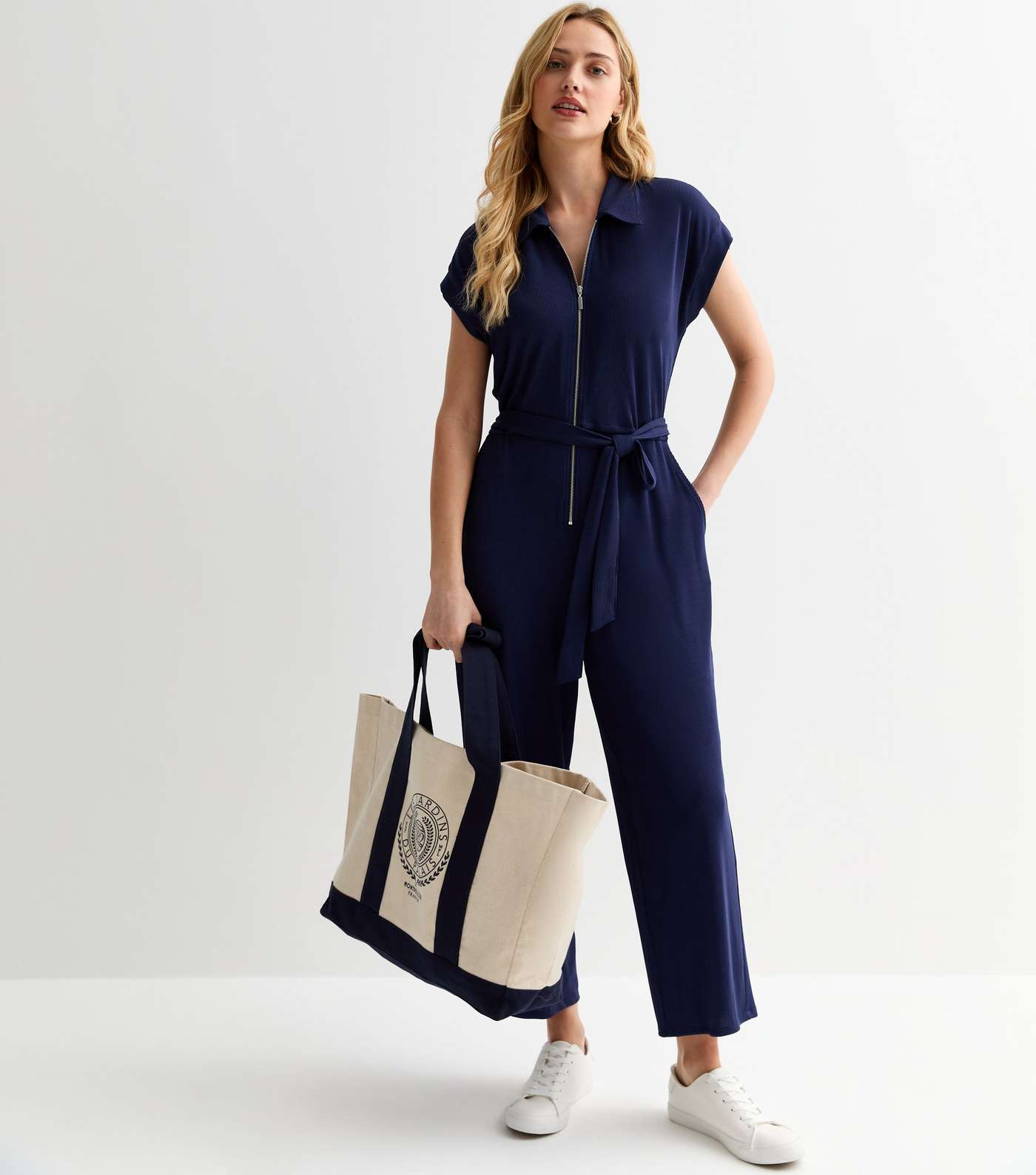 Navy Ribbed Zip Up Jumpsuit Image 3