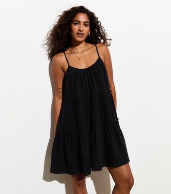 Petite Black Cotton Strappy Tiered Mini Dress New Look