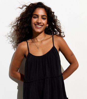 Petite Black Cotton Strappy Tiered Mini Dress New Look