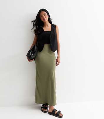 Khaki Bias Cut Midi Skirt