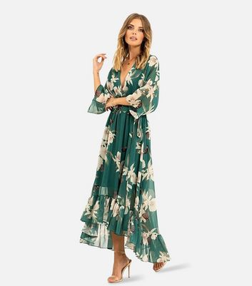 Yumi Green Floral Dip Hem Wrap Midi Dress New Look