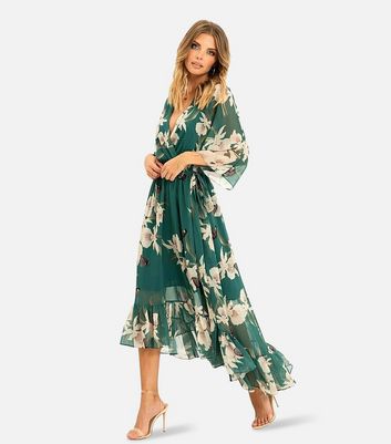 Yumi Green Floral Dip Hem Wrap Midi Dress | New Look