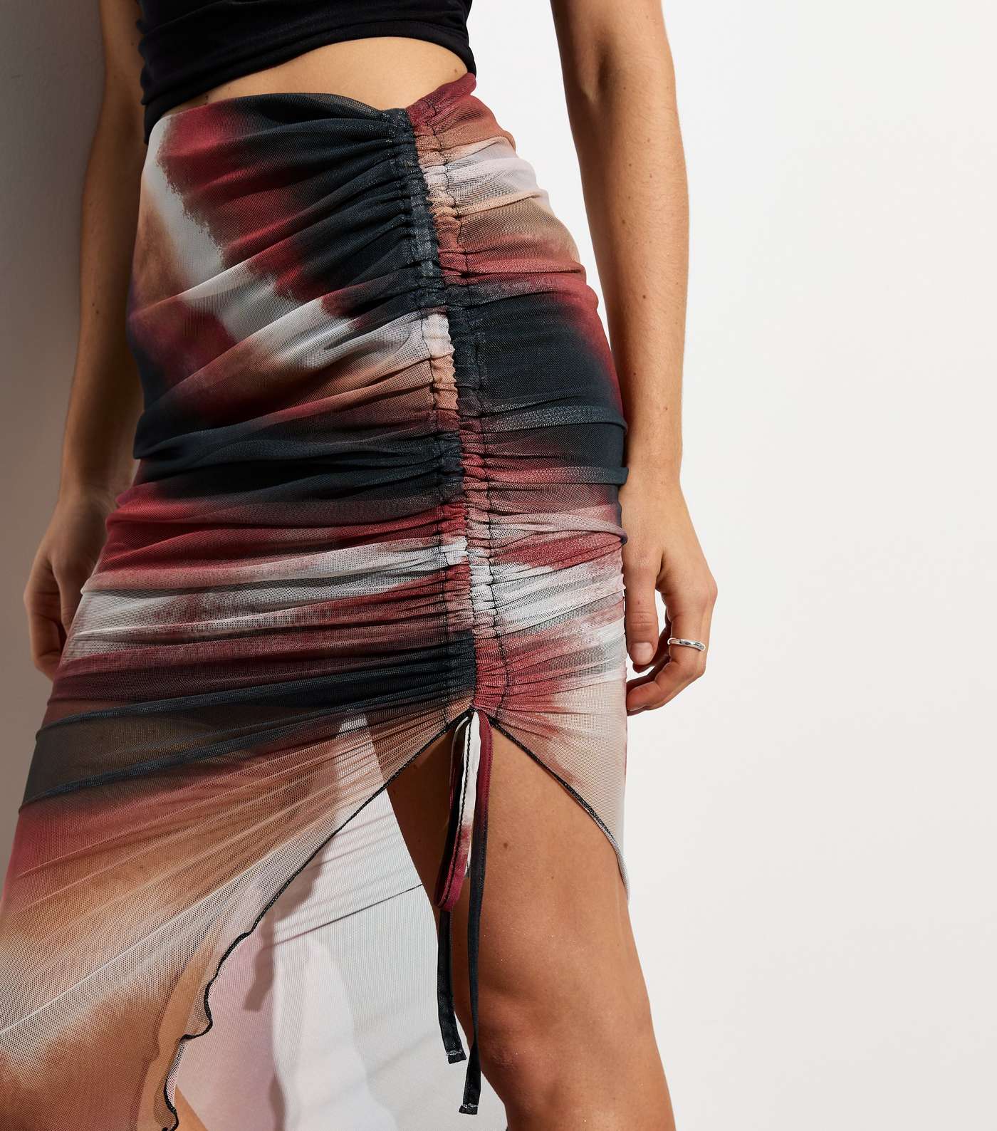 Red Stripe Mesh Asymmetric Midi Skirt Image 2