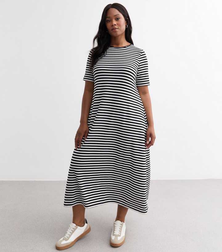 Curves Black Striped Ribbed Midi Dress | New Look