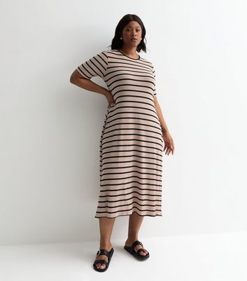 Curves Light Brown Striped Ribbed Midi Dress New Look