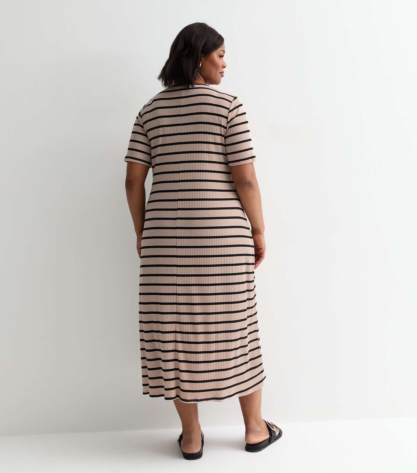 Curves Light Brown Stripe Ribbed Midi Dress Image 4