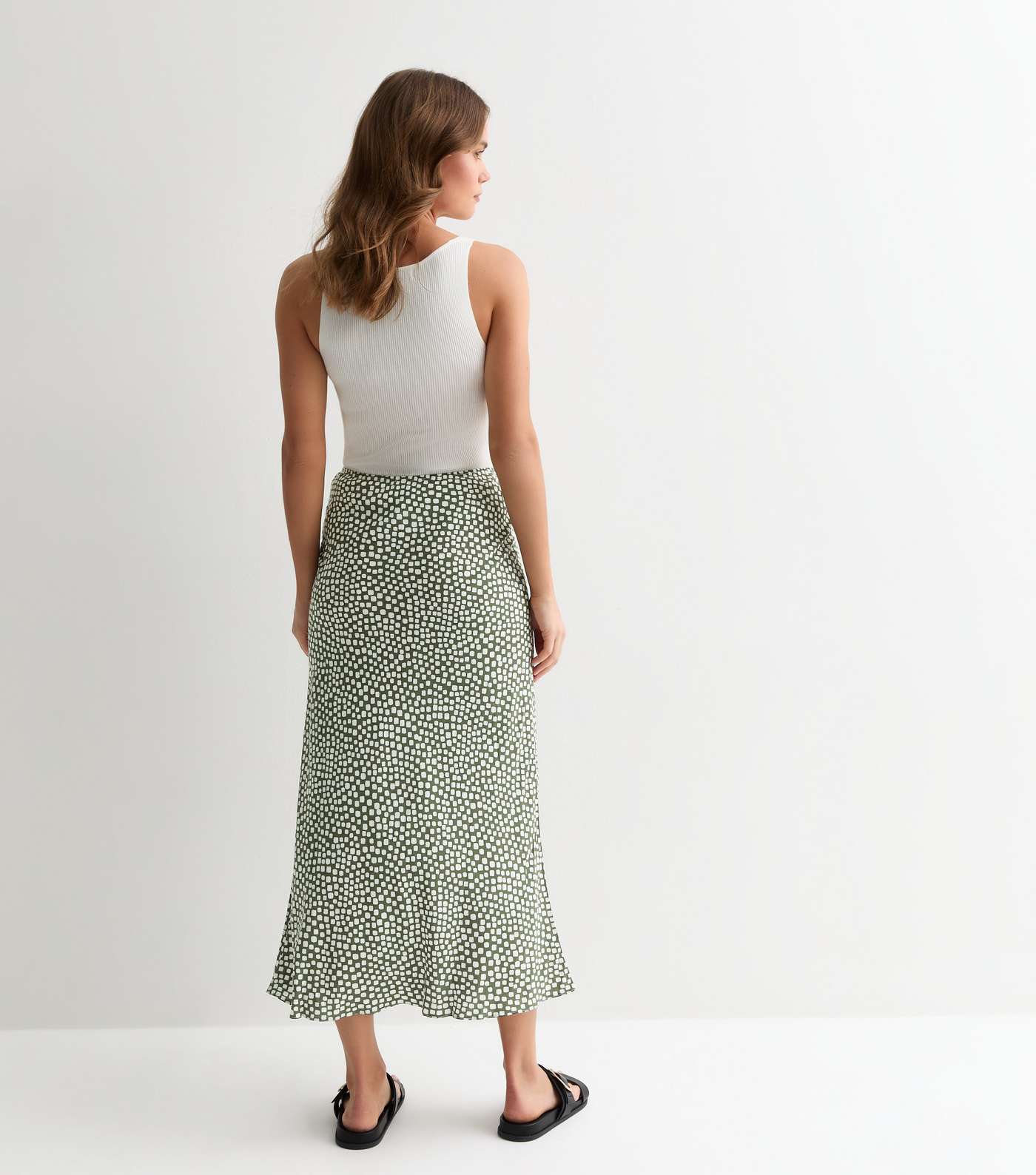 Green Spot Print Bias Cut Midi Skirt Image 4