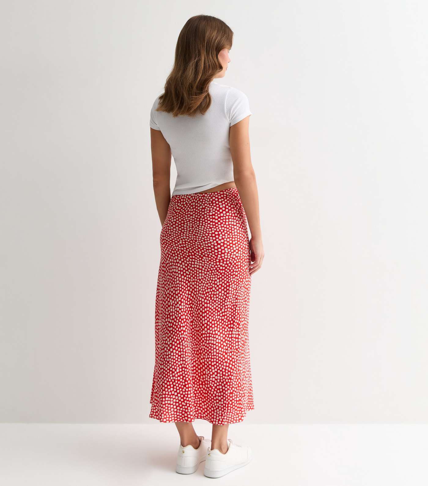 Red Spot Print Bias Cut Midi Skirt Image 4