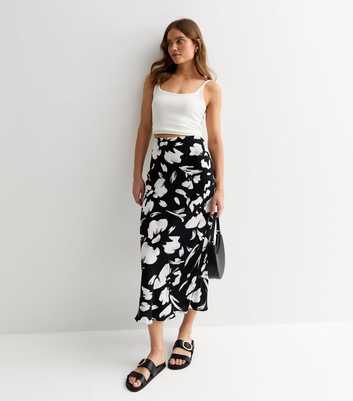 Black Floral Print Bias Cut Midi Skirt