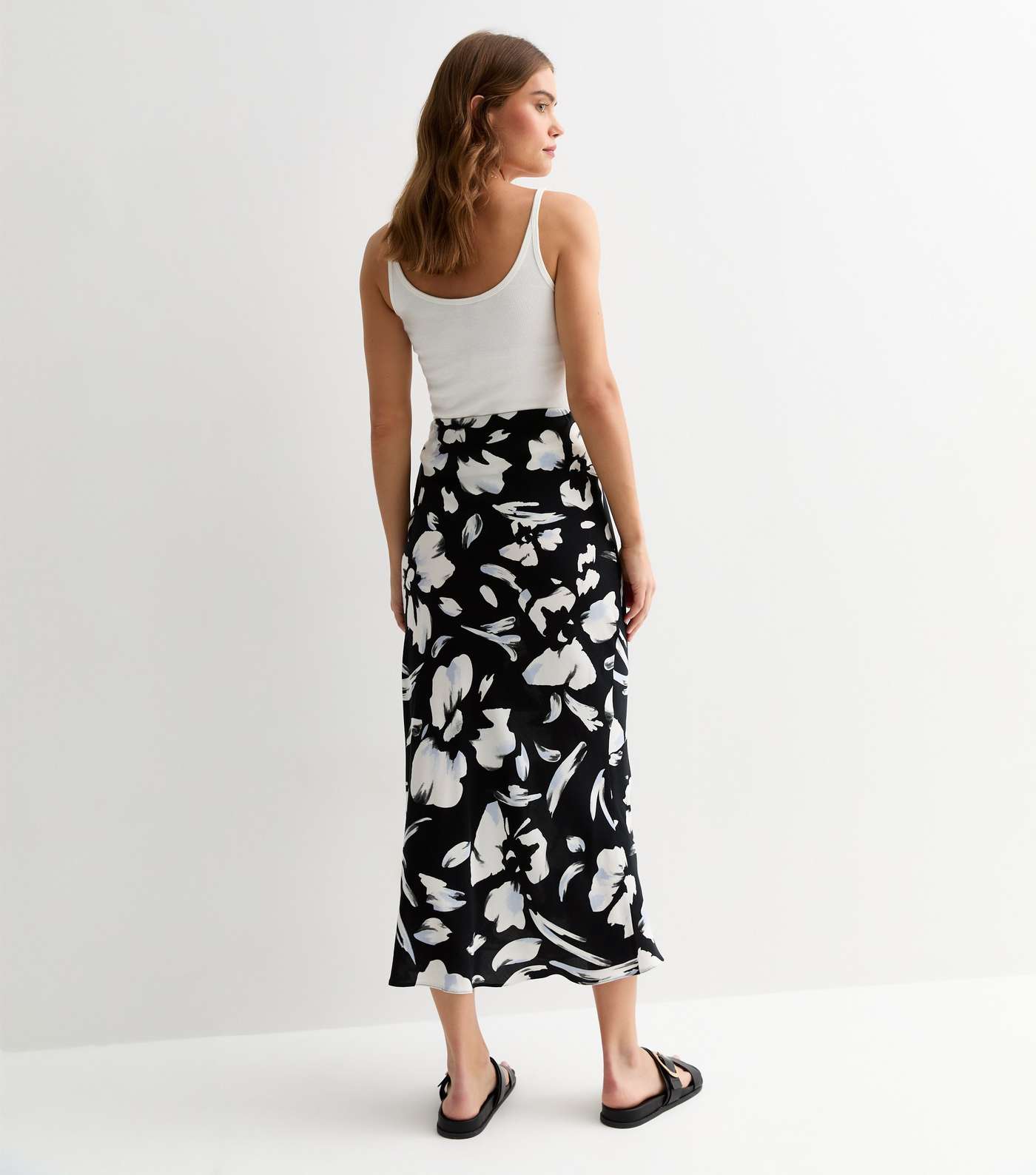 Black Floral Print Bias Cut Midi Skirt Image 4