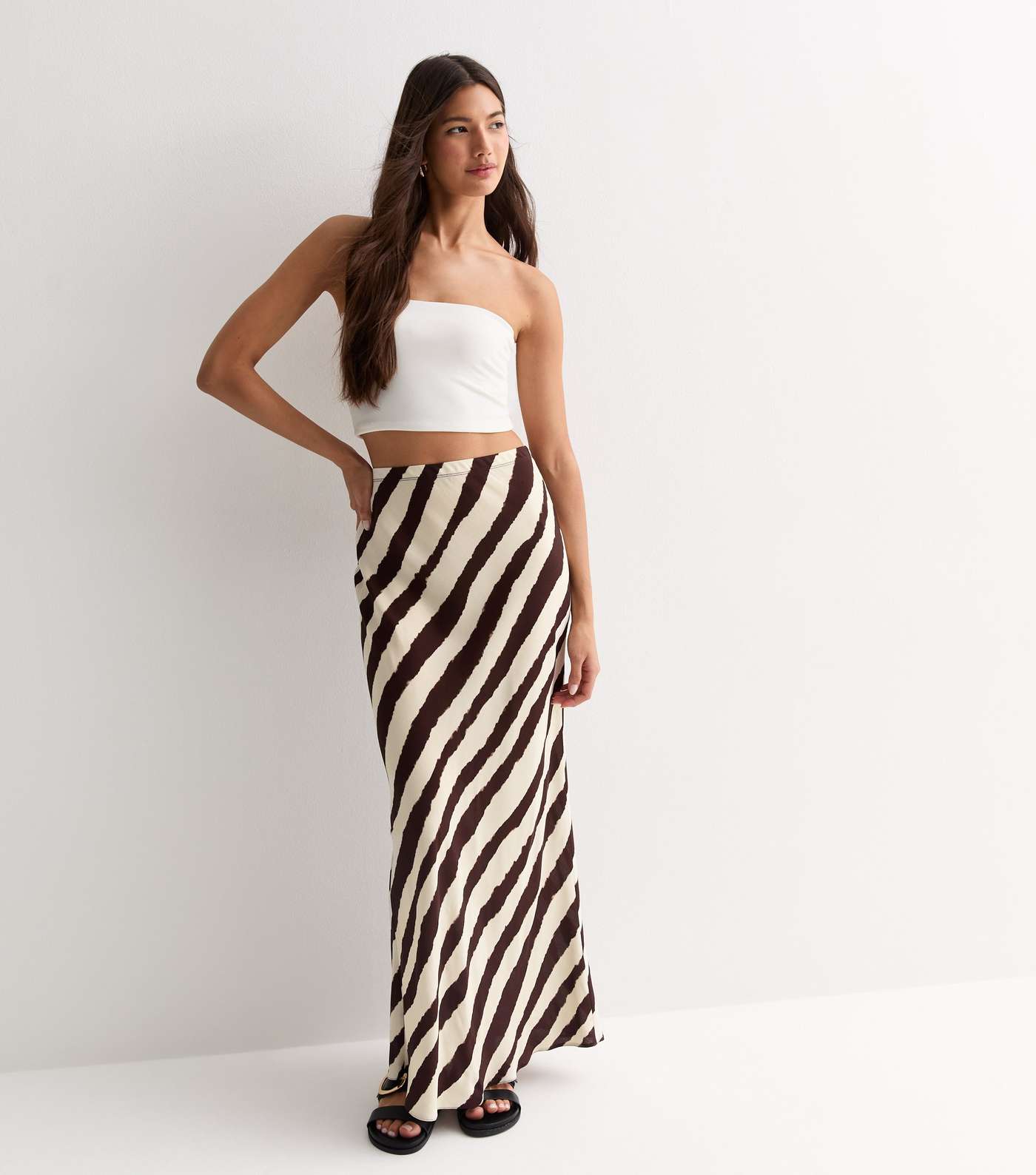 Brown Diagonal Stripe Bias Cut Maxi Skirt Image 3