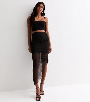 Black Asymmetric Ruched Mesh Midi Skirt New Look