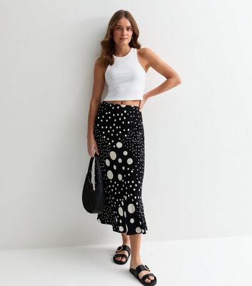 Black Spot Print Bias Cut Midi Skirt New Look