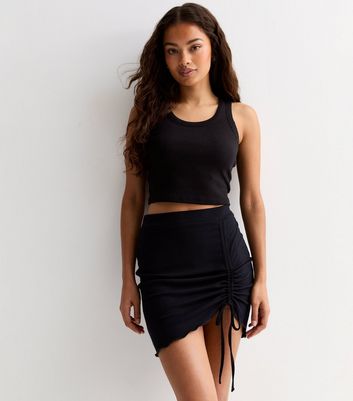 Petite Black Ribbed Ruched Mini Skirt New Look