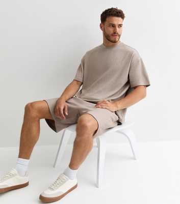 Brown Textured Cotton-Blend Oversized T-Shirt