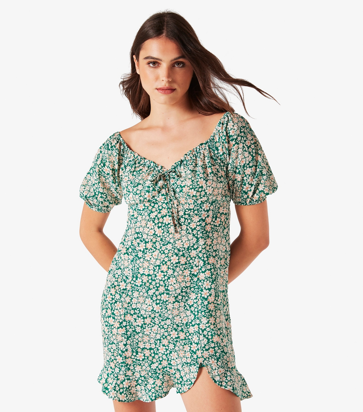 Women's Green Ditsy Floral Ruffle Mini Dress Apricot New Look