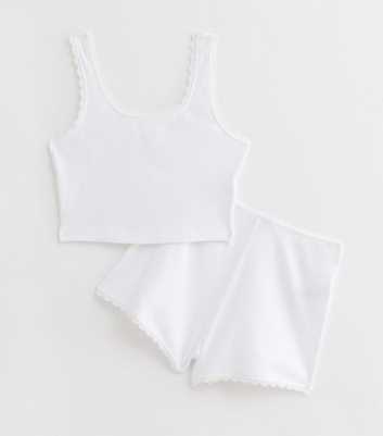 Girls White Ribbed Cotton Short Pyjama Set
