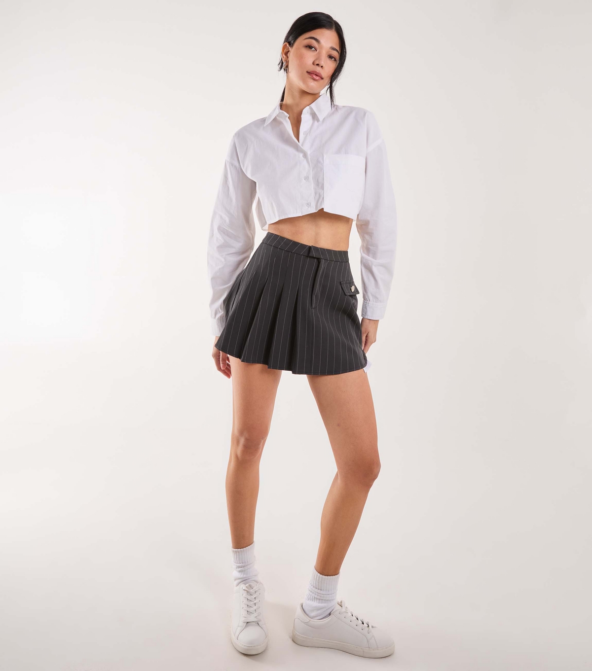 Women's Grey Pinstripe Pleated Mini Skirt Pink Vanilla New Look