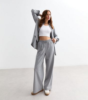 Grey Pinstripe Drawstring Wide Leg Trousers New Look