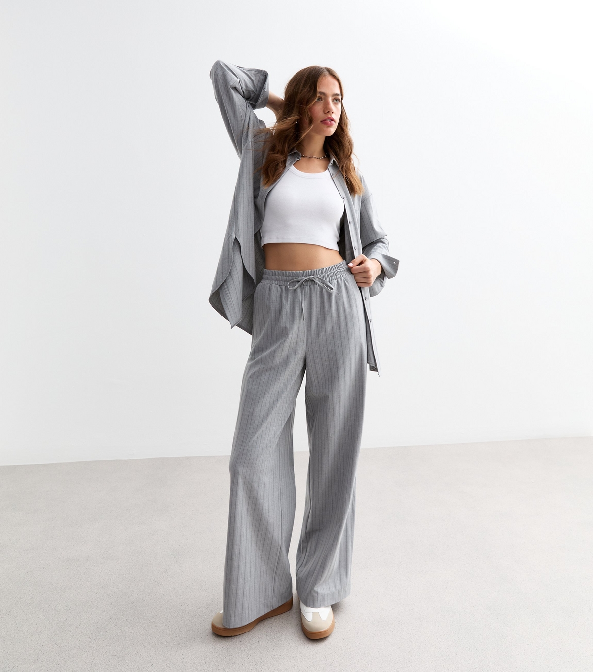 Women's Grey Pinstripe Drawstring Wide Leg Trousers New Look