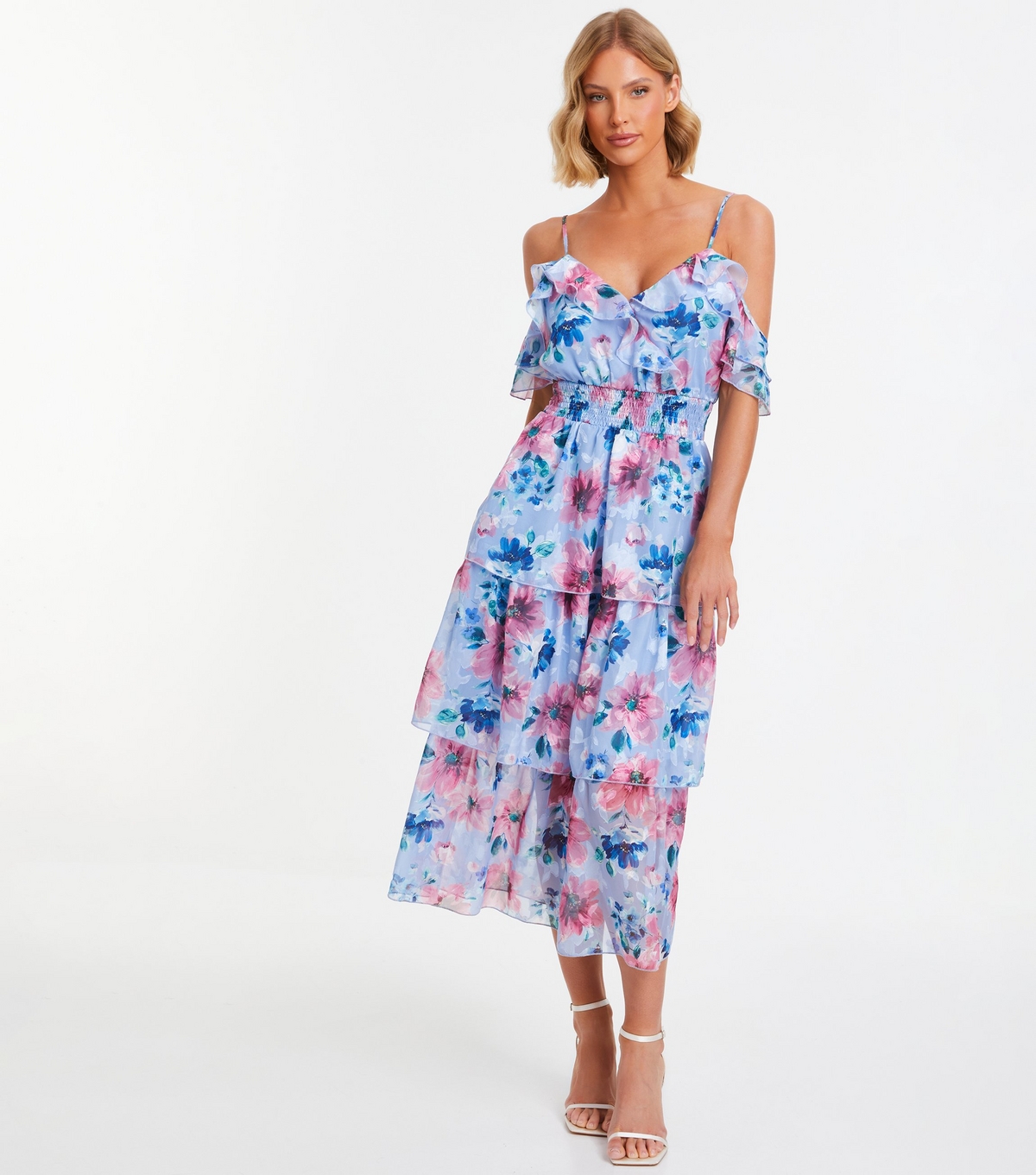 Women's Pale Blue Floral Cold Shoulder Midi Dress Quiz New Look