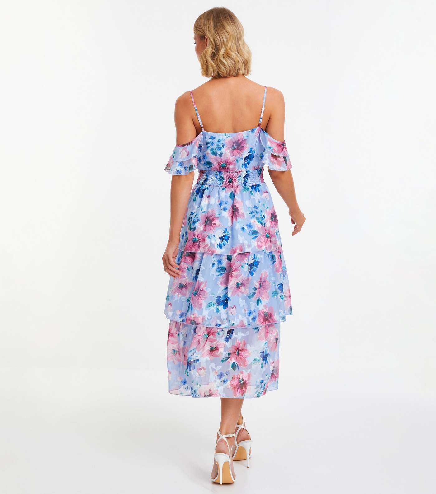 QUIZ Pale Blue Floral Cold Shoulder Midi Dress Image 3