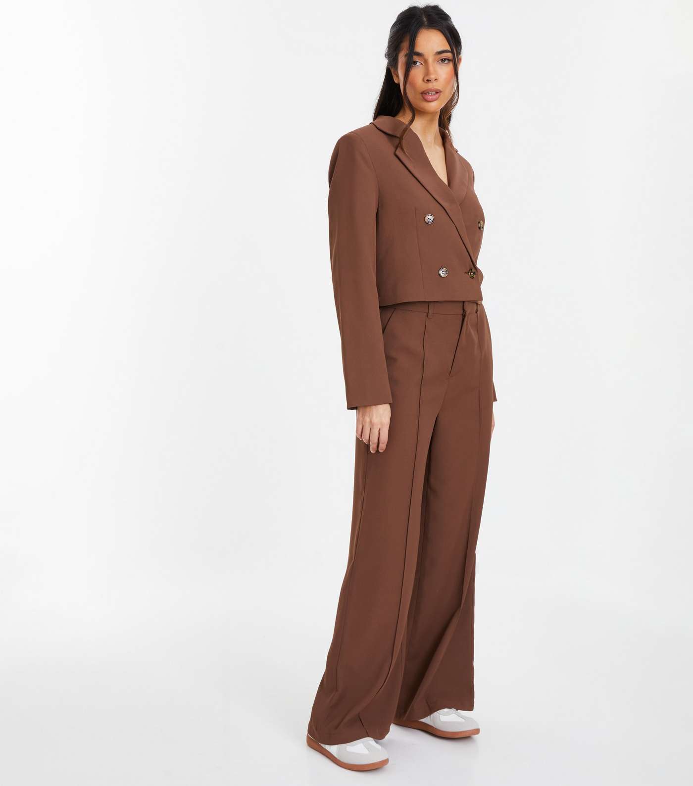 QUIZ Dark Brown Tailored Crop Blazer Image 2