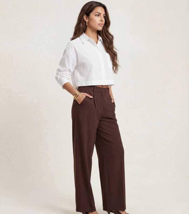 Urban Bliss Brown Woven Cotton Rich Leg Trousers