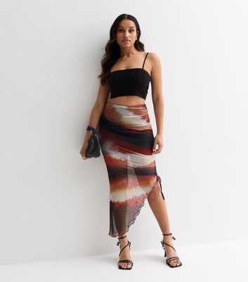 Petite Red Diagonal Stripe Mesh Asymmetric Midi Skirt