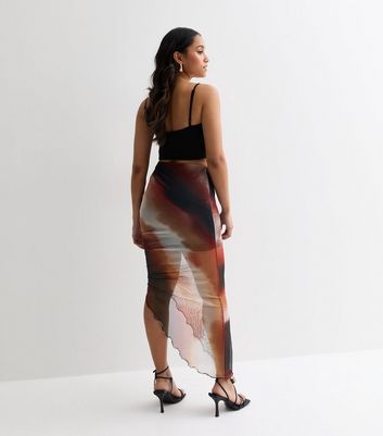 Petite Red Diagonal Stripe Mesh Asymmetric Midi Skirt New Look