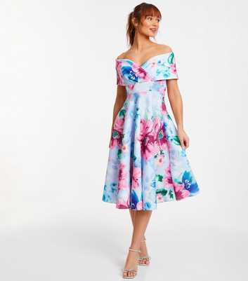 QUIZ Blue Floral Bardot Midi Dress