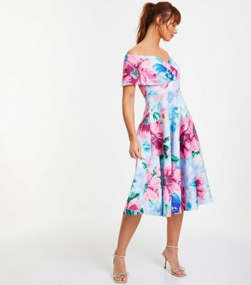 QUIZ Blue Floral Bardot Midi Dress New Look