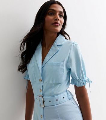Gini London Pale Blue Linen-Look Utility Playsuit New Look