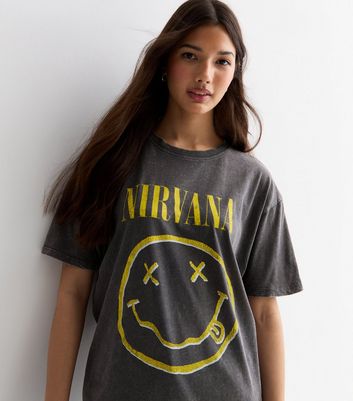Dark Grey Acid Wash Cotton Nirvana Logo Oversized T-Shirt New Look