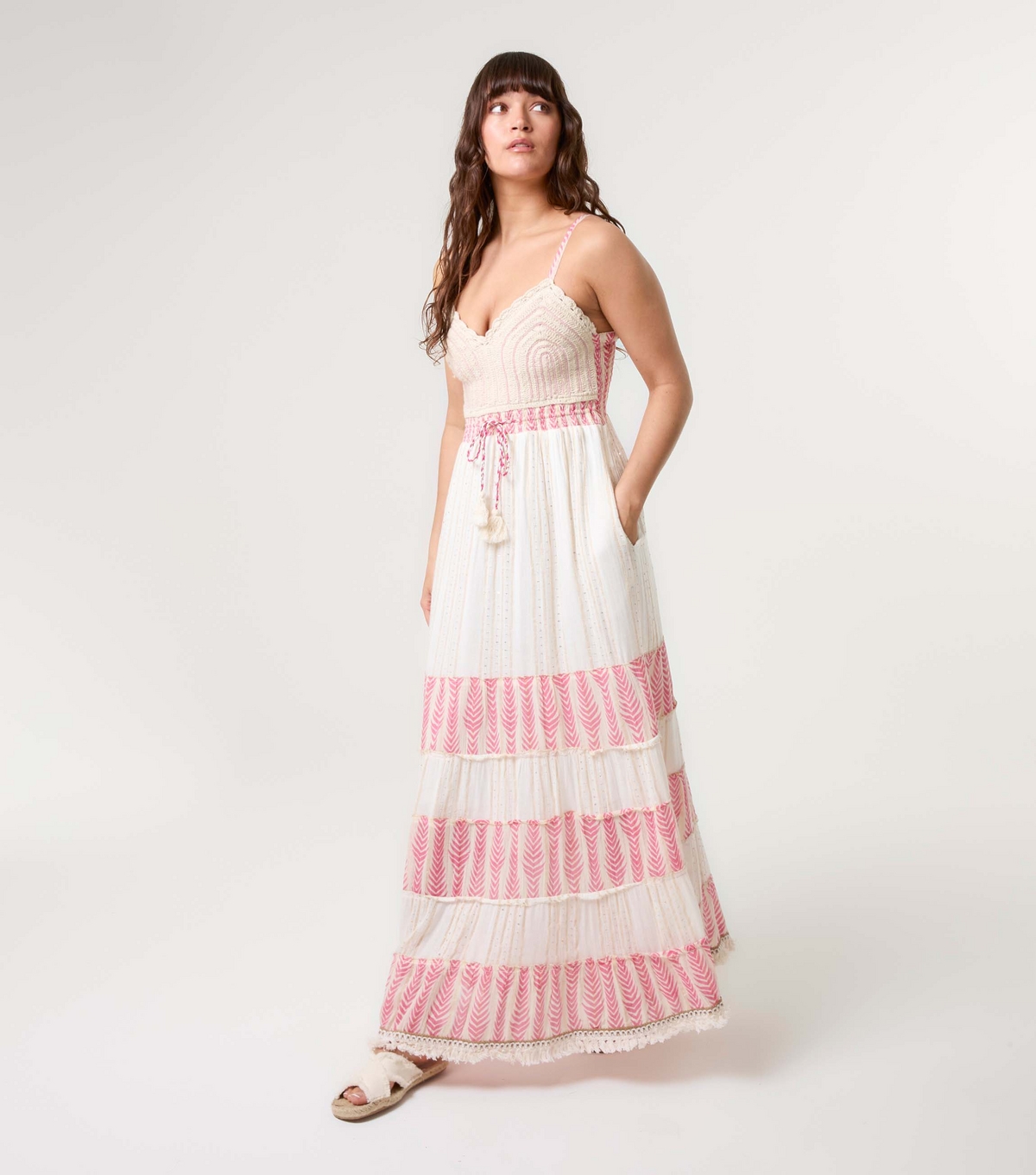 Women's Pink Crochet Tiered Skirt Maxi Dress Blue Vanilla New Look